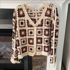 Crochet Patterned Cardigan Sweater - Cream, Black, Brown